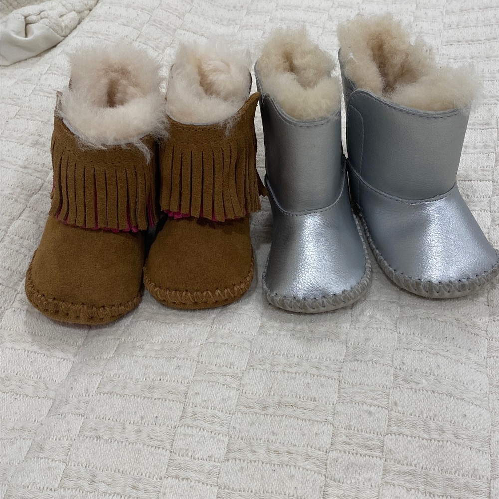 UGG Baby Booties bundle! - brown/pink fringe cowboy booties and metallic Silver